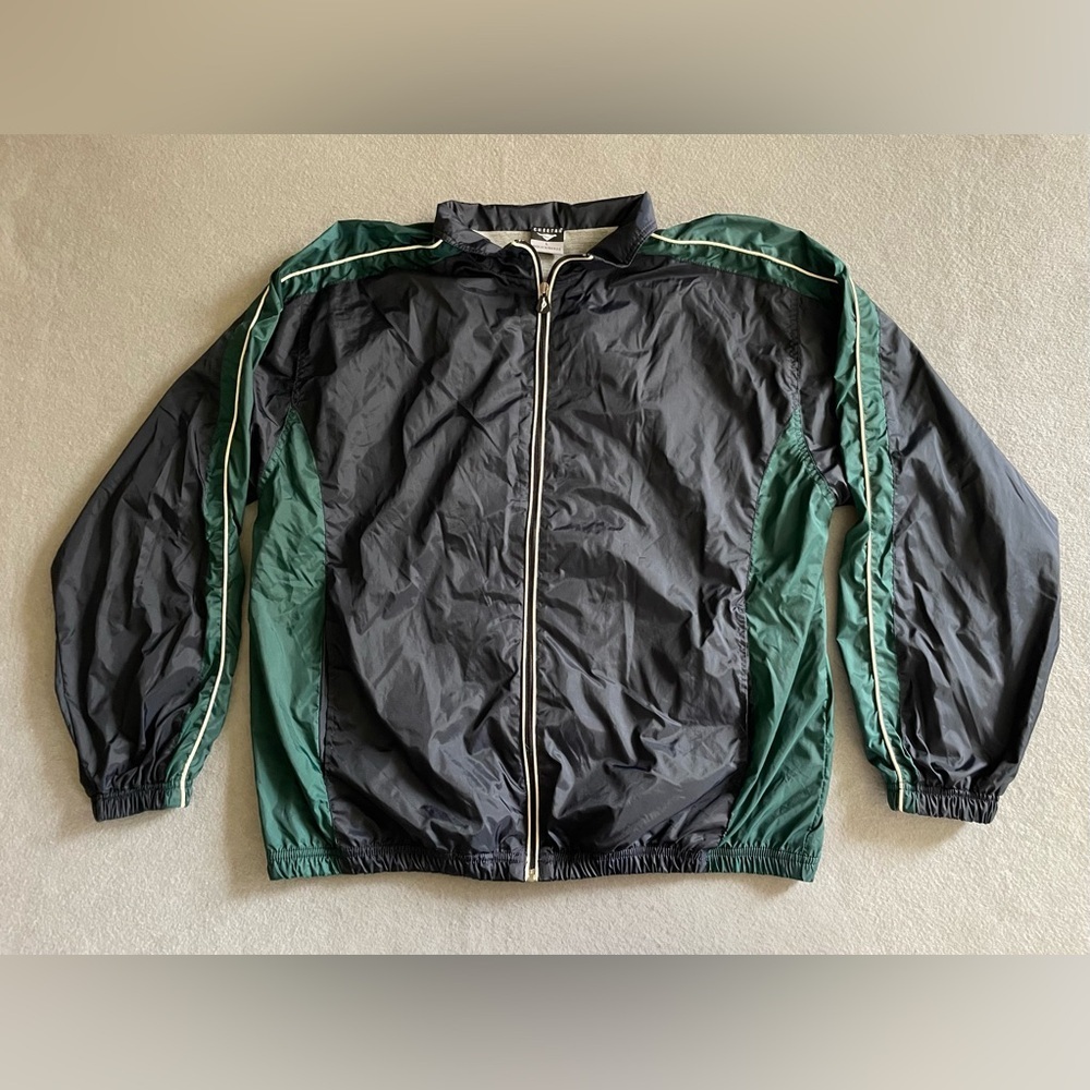 Cheetah Brand Men’s Large Windbreaker Jacket Navy Blue Green Full Zip Retro 90s